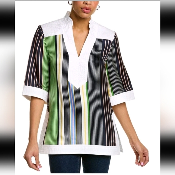 Tory Burch Womens Field Day Stripe Silk Tunic Multicolor Designer Blouse 10 - Picture 1 of 16